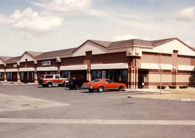 A suburban strip mall with various stores including a liquor store, under a clear sky, with cars parked in front.