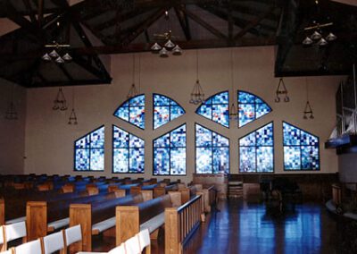 A church with stained glass windows.